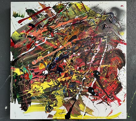 Abstract painting comprising bold splashes and strokes of bright colours over a predominantly black ground.