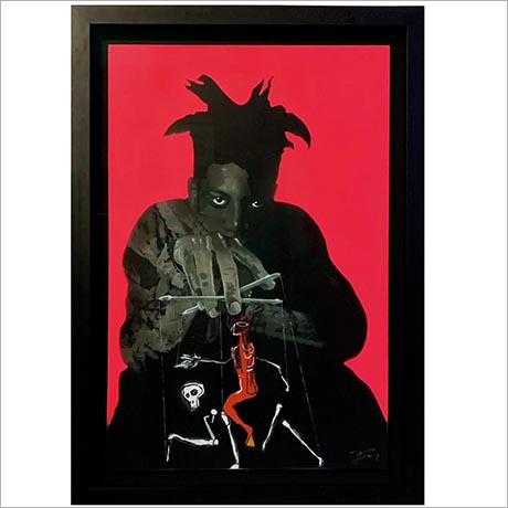 Graphical artwork, depicting a shadowy figure on a red background manipulating the strings of a skeletal puppet figure 